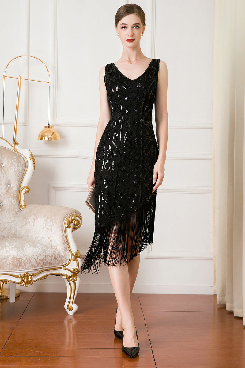 Carregar imagem no visualizador da galeria, Vestido de flapper de lantejoulas pretas de 1920 com franjas