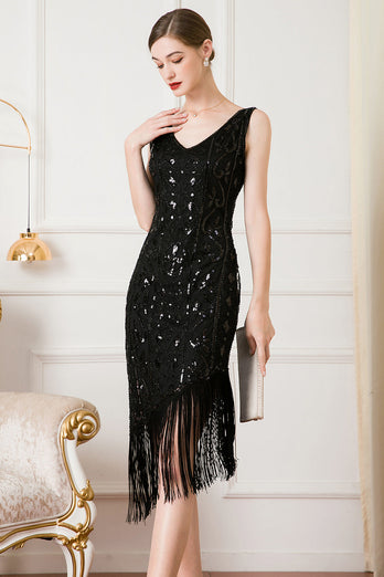 Vestido de flapper de lantejoulas pretas de 1920 com franjas