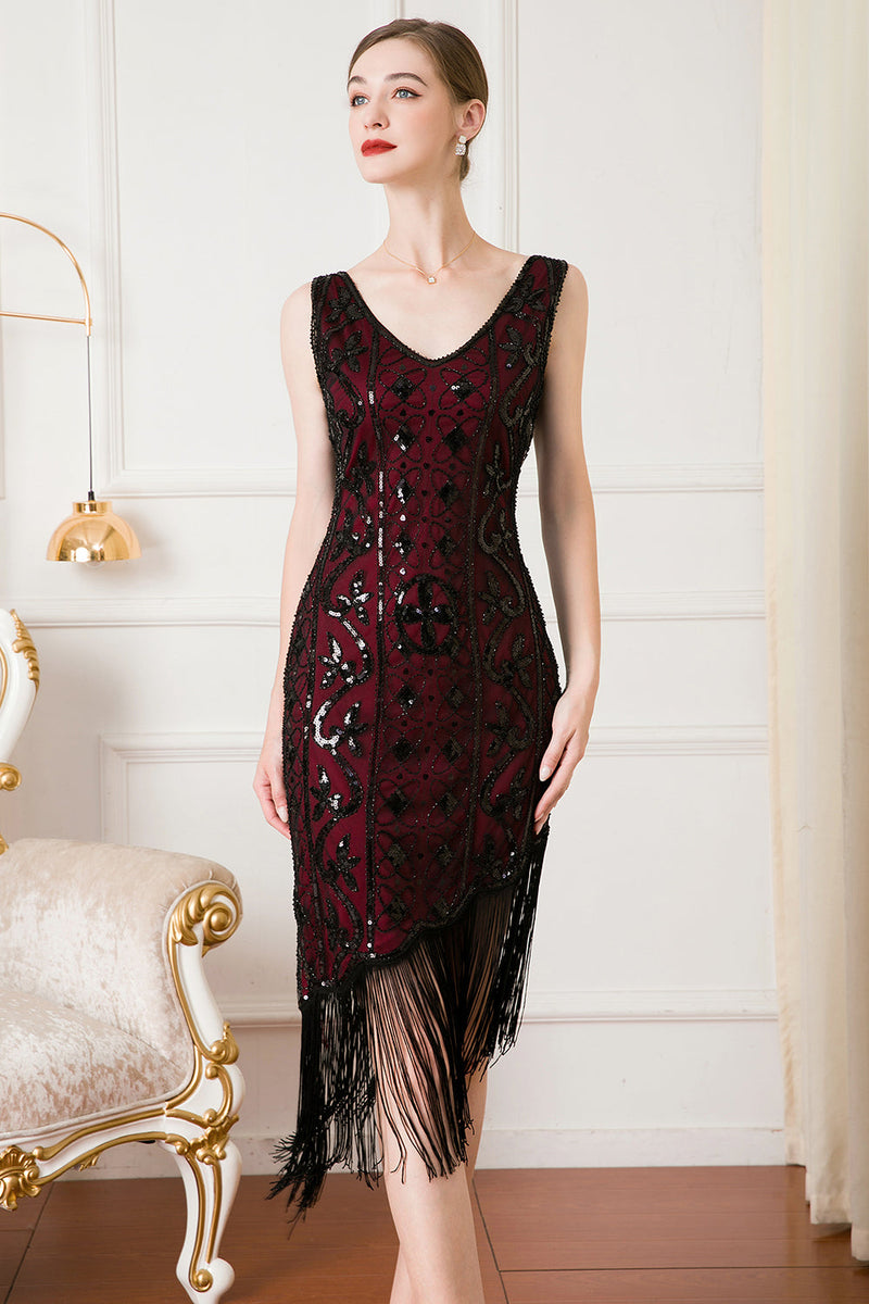 Carregar imagem no visualizador da galeria, Vestido de flapper de lantejoulas pretas de 1920 com franjas