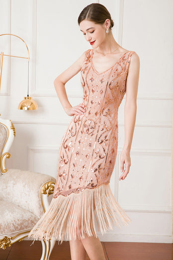 Vestido de flapper de lantejoulas pretas de 1920 com franjas
