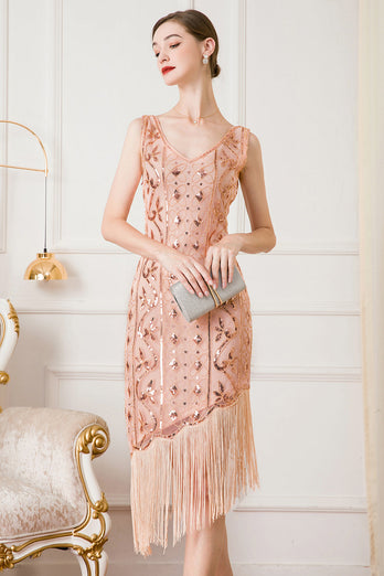 Vestido de flapper de lantejoulas pretas de 1920 com franjas