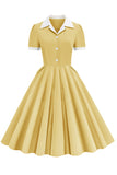 V pescoço amarelo vestido vintage com botão