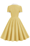 V pescoço amarelo vestido vintage com botão