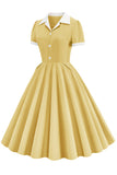 V pescoço amarelo vestido vintage com botão