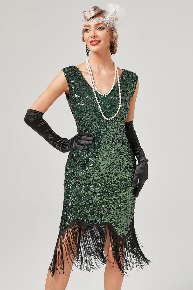 Carregar imagem no visualizador da galeria, Vestido de Gatsby de pescoço de lantejoulas verdes escuras com franjas
