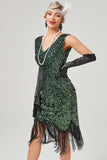Vestido de Gatsby de pescoço de lantejoulas verdes escuras com franjas