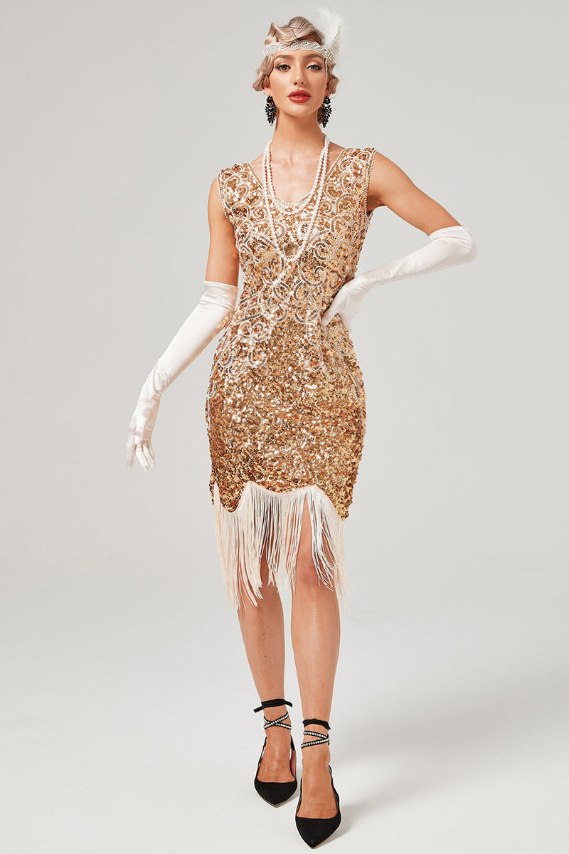 Carregar imagem no visualizador da galeria, Vestido de Gatsby de pescoço de lantejoulas verdes escuras com franjas