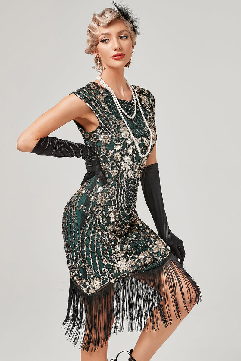 Carregar imagem no visualizador da galeria, Vestido de bordado de ouro de pescoço redondo verde dos anos 1920 com franjas