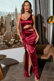 Burgundy Satin Ruffles Vestido de baile com fenda