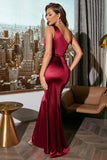 Burgundy Satin Ruffles Vestido de baile com fenda