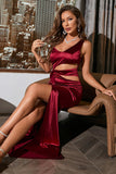Burgundy Satin Ruffles Vestido de baile com fenda