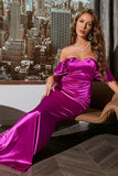 Off Shoulder Fuchsia Prom Dress com ruffles