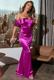 Off Shoulder Fuchsia Prom Dress com ruffles