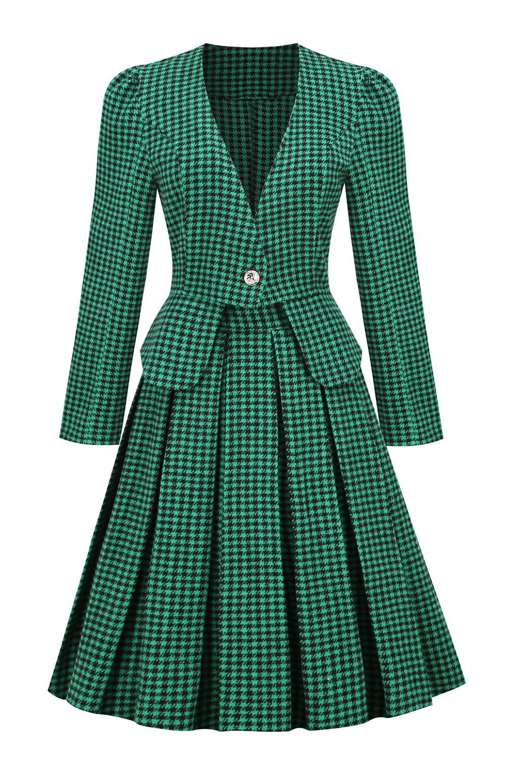 Um vestido vintage xadrez de grade v pescoço verde