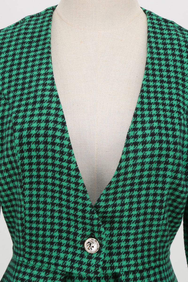 Carregar imagem no visualizador da galeria, Um vestido vintage xadrez de grade v pescoço verde