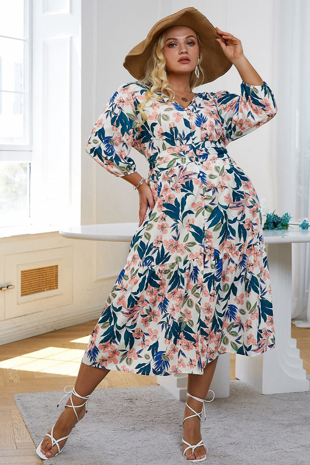 Vestido casuais manga comprida flor azul