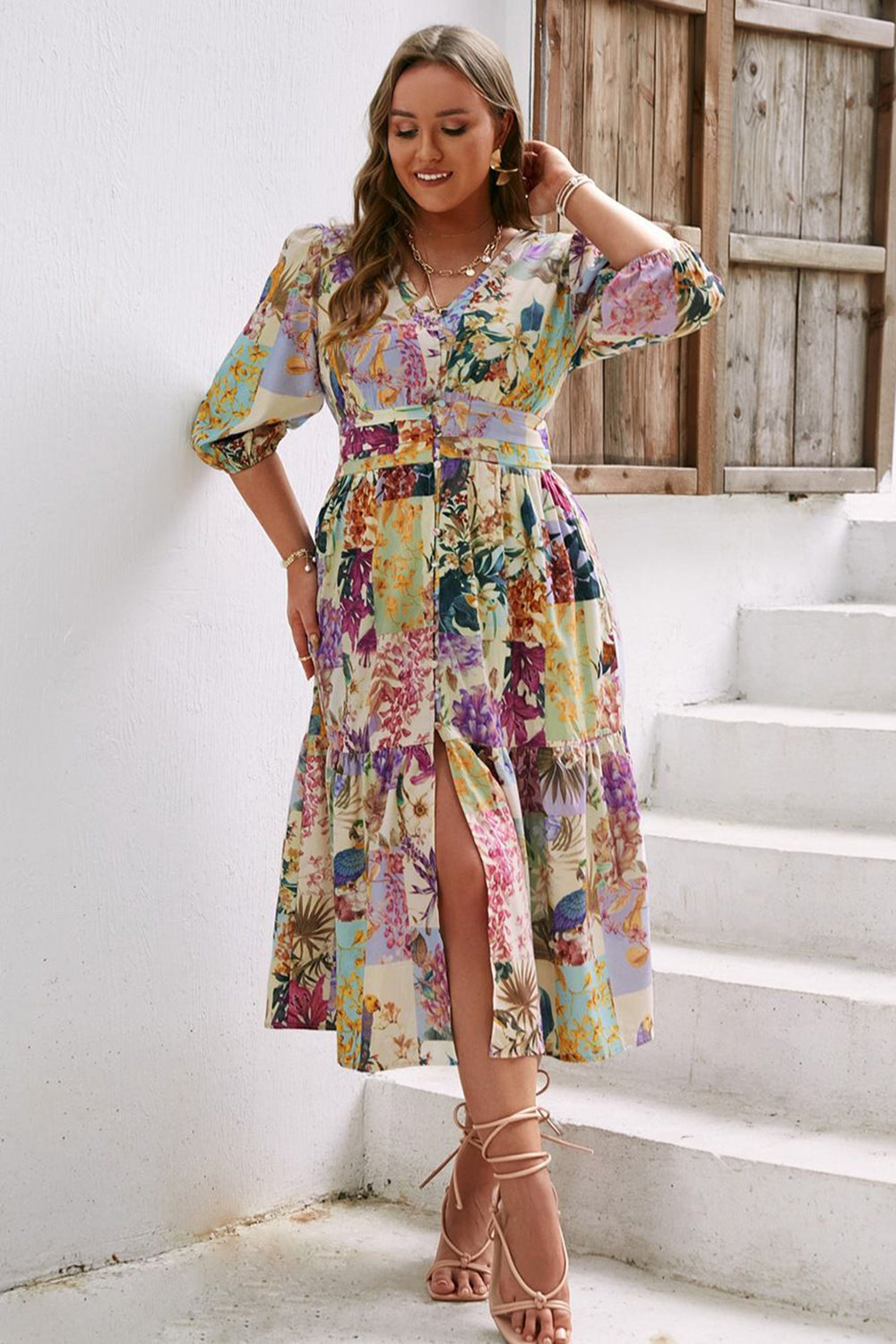 Vestido casuais manga comprida flor azul