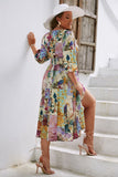 Vestido casuais manga comprida flor azul