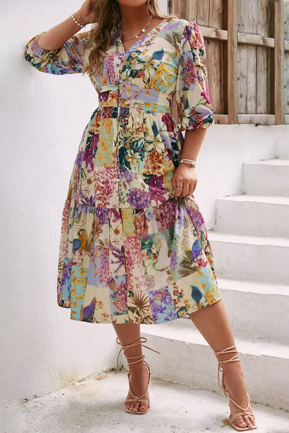 Vestido casuais manga comprida flor azul