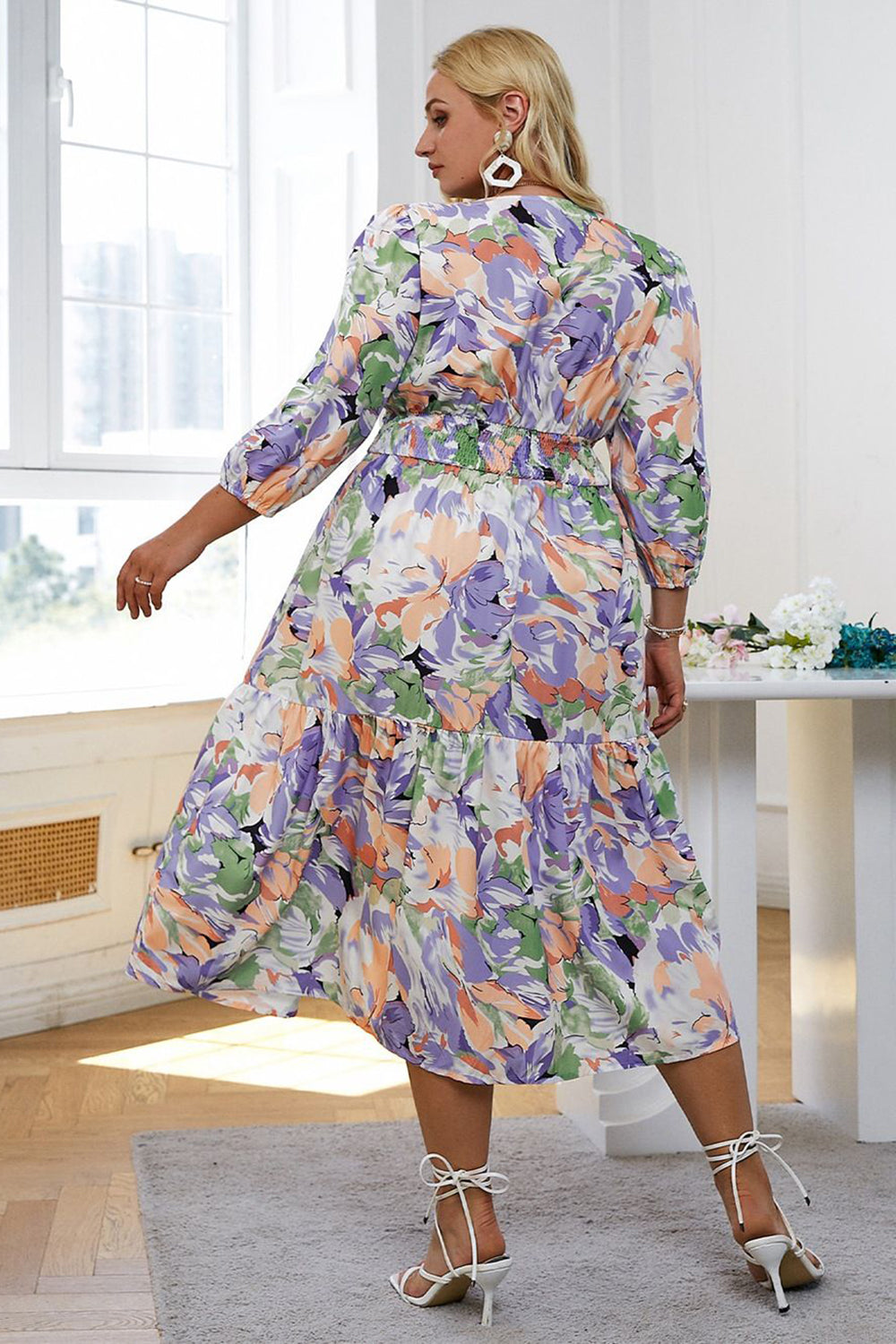 Vestido casuais manga comprida flor azul