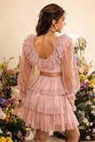 Rosa Flounces em Camadas Mangas Compridas Vestido de Cocktail