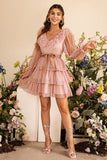 Rosa Flounces em Camadas Mangas Compridas Vestido de Cocktail