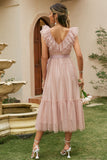 Vestido de festa com cinto rosa folhos
