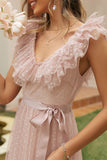 Vestido de festa com cinto rosa folhos