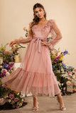 Rosa Mangas Compridas Vestido de Festa Com Cinto