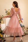 Rosa Mangas Compridas Vestido de Festa Com Cinto