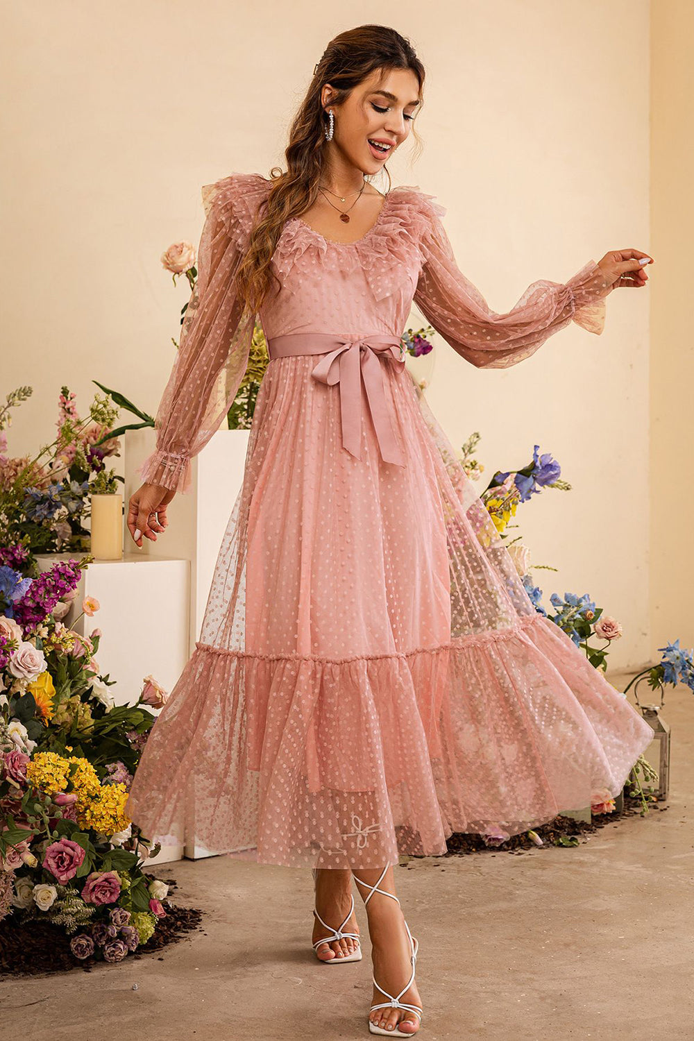 Rosa Mangas Compridas Vestido de Festa Com Cinto