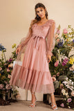 Rosa Mangas Compridas Vestido de Festa Com Cinto
