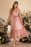 Rosa Mangas Compridas Vestido de Festa Com Cinto