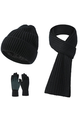 Luvas chapéu lenço de malha preto 3 peças