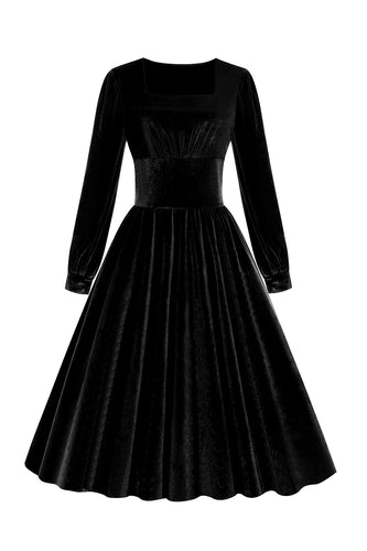 Vestido vintage de veludo manga comprida preto