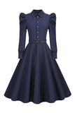 Vestido Vintage Azul Marinha Mangas Compridas