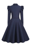 Vestido Vintage Azul Marinha Mangas Compridas
