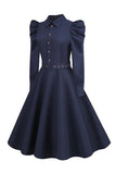Vestido Vintage Azul Marinha Mangas Compridas