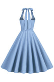 1950s Vestido Azul Halter A-Line