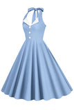 1950s Vestido Azul Halter A-Line