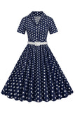 V Pescoço Azul Pontos de Polka 1950s Vestido