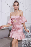 Vestido de Formatura Rosa Mini Fora do Ombro
