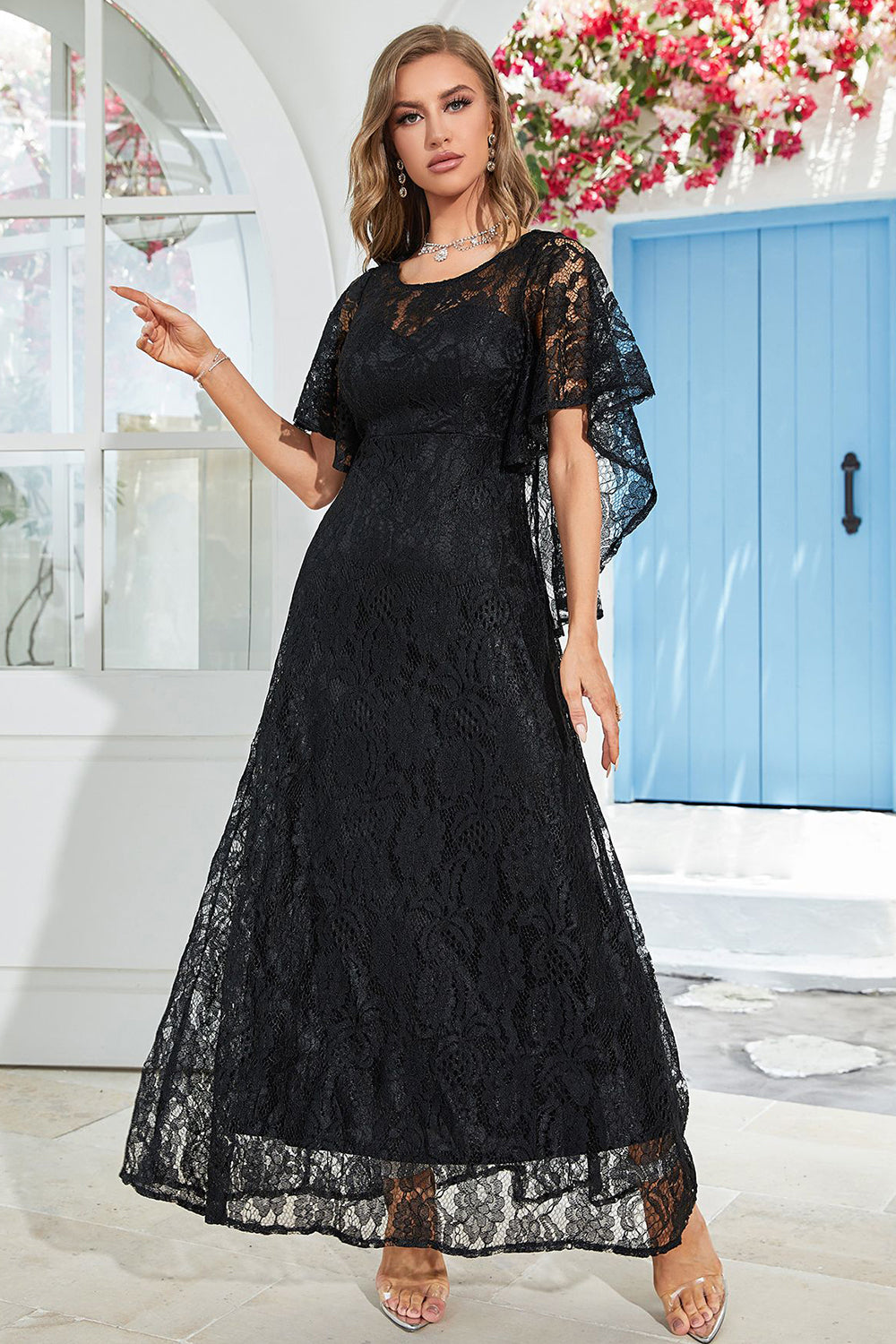 Preto Batwing Mangas Renda Vestido de Festa