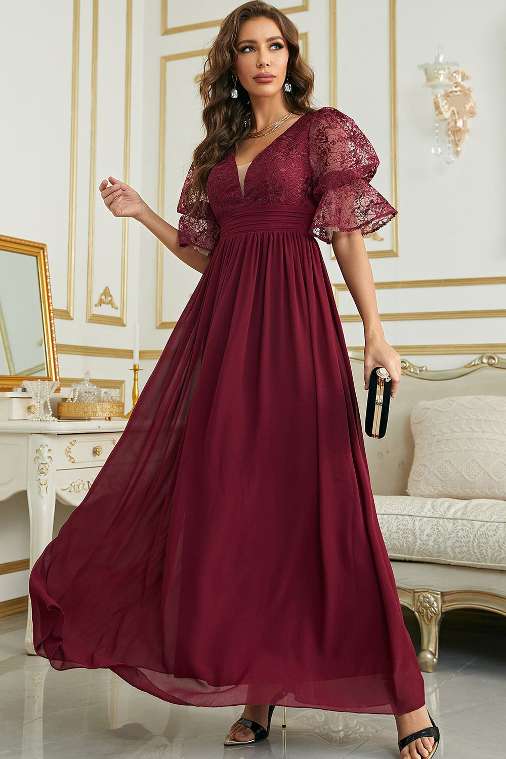 Vestido de Dama de Honor Com Renda Borgonha Chiffon