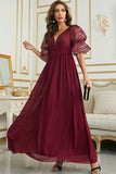 Vestido de Dama de Honor Com Renda Borgonha Chiffon