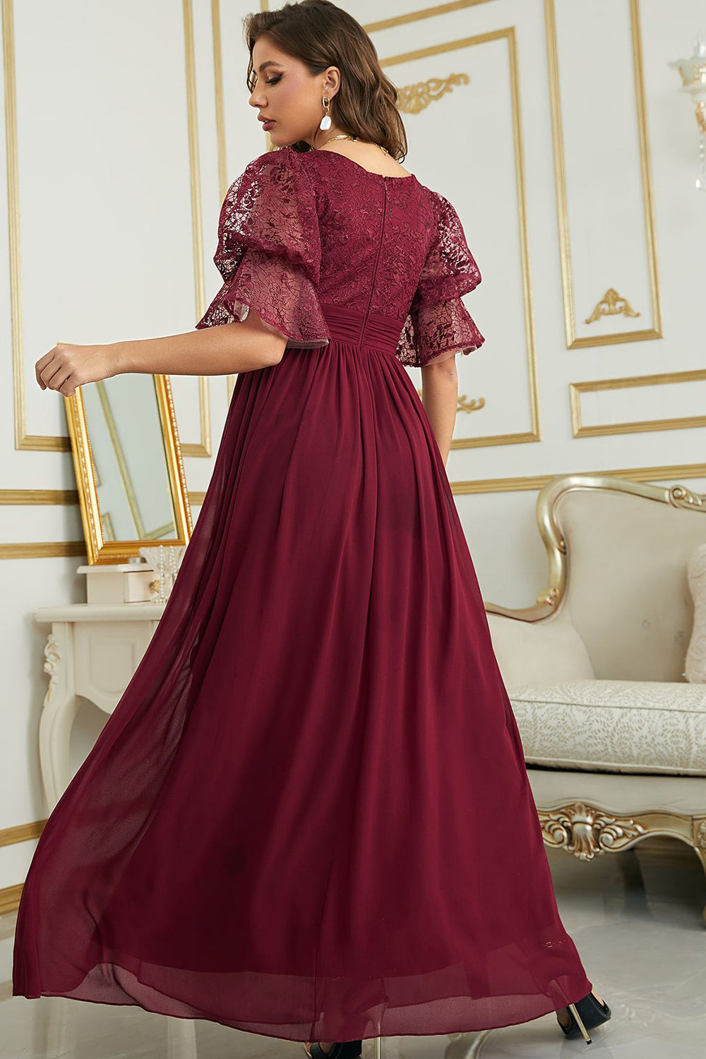 Vestido de Dama de Honor Com Renda Borgonha Chiffon