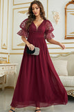 Vestido de Dama de Honor Com Renda Borgonha Chiffon