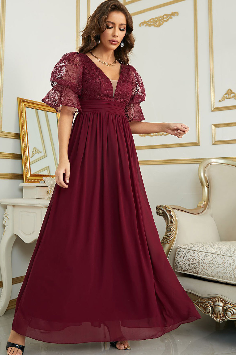 Vestido de Dama de Honor Com Renda Borgonha Chiffon