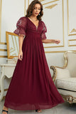 Vestido de Dama de Honor Com Renda Borgonha Chiffon