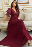 Vestido de Dama de Honor Com Renda Borgonha Chiffon